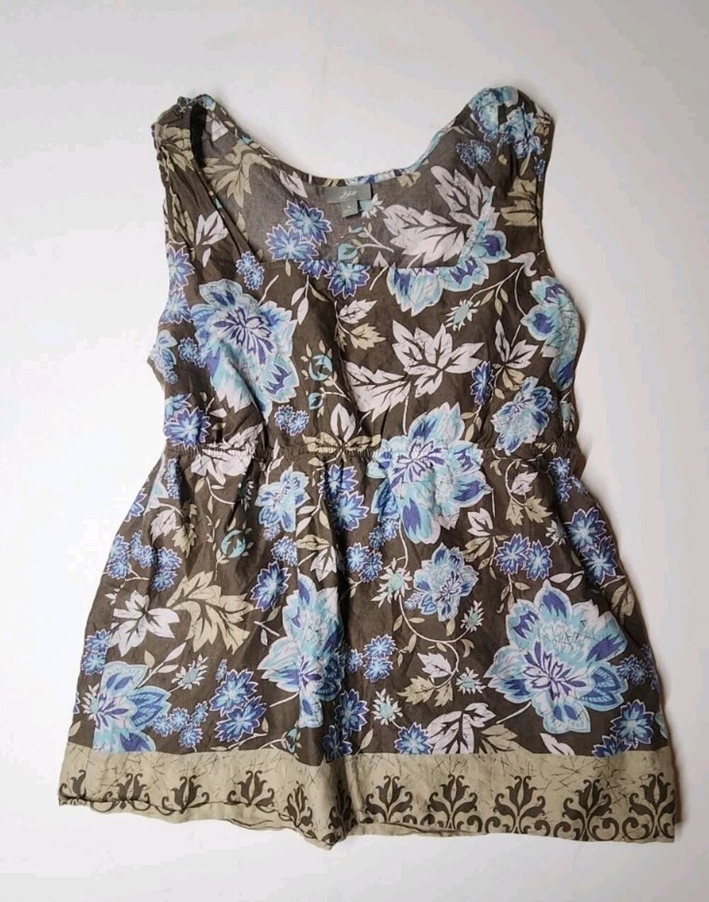 J. Jill Womens Size Small Blouse Brown Blue Floral Sheer Pheasant Baby Doll Top